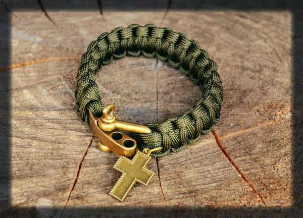 Bracelet en corde de parachute et son crucifix (BRONZE)