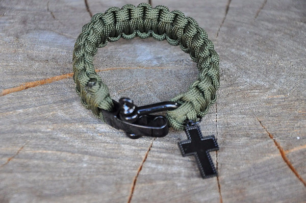 Bracelet en corde de parachute et son crucifix (Noir)